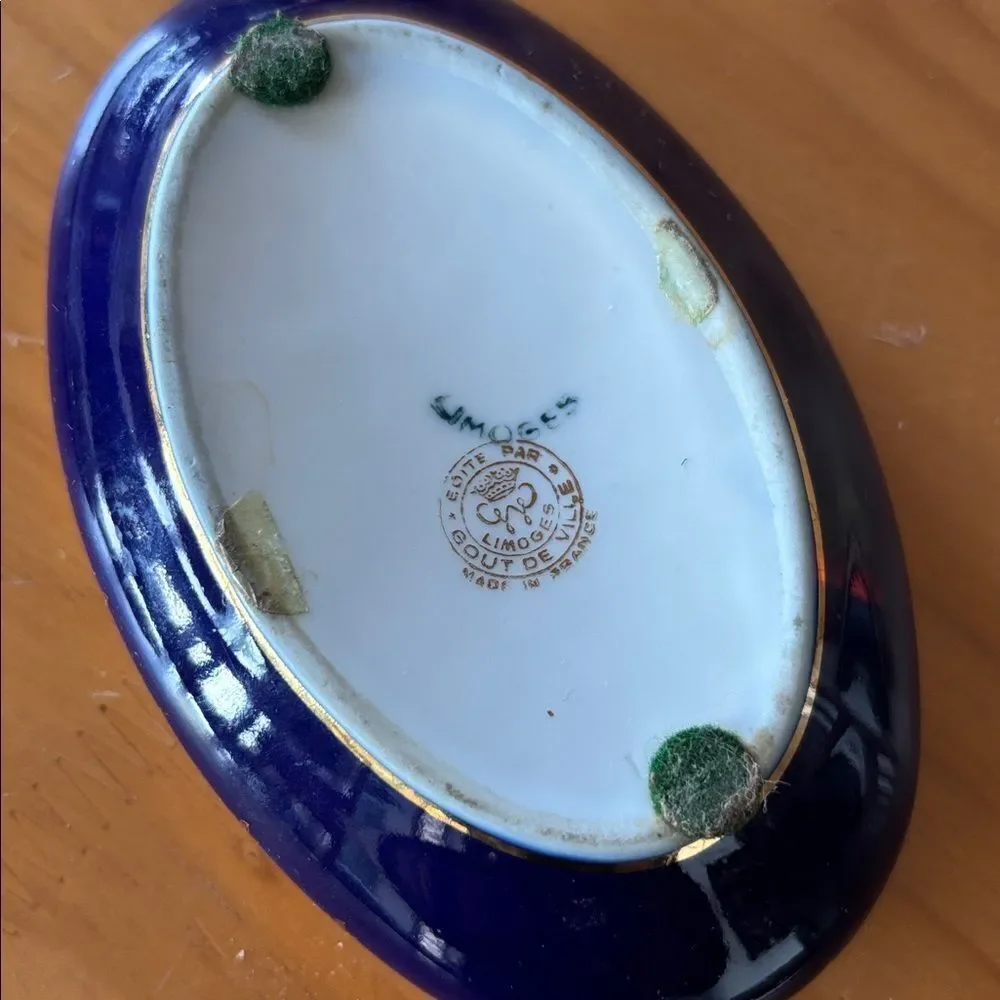 Limoges Porcelain Deep Blue and Gold Oval Trinket Box With Lid